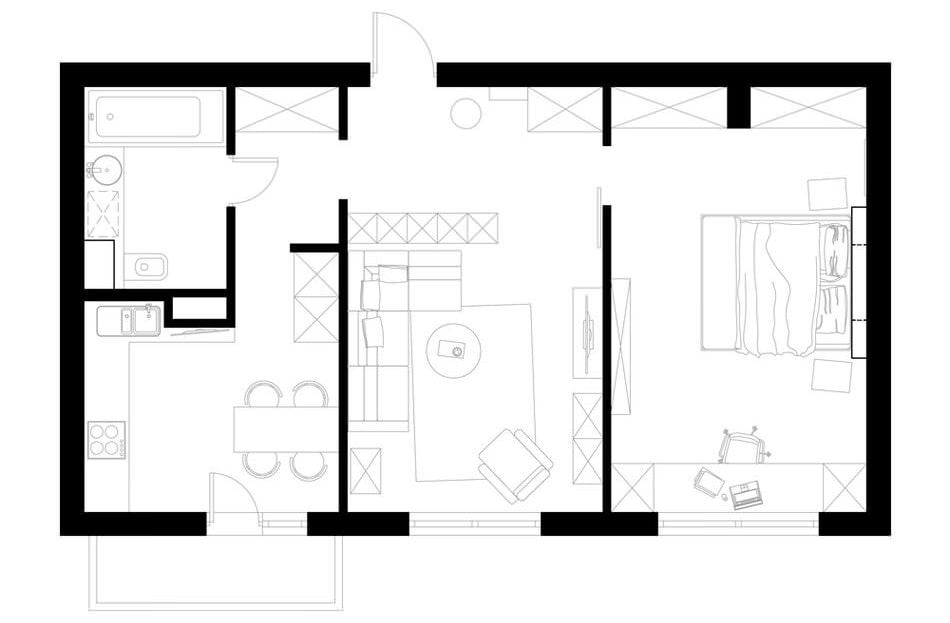 Grundriss einer Zweizimmerwohnung von 57 m²