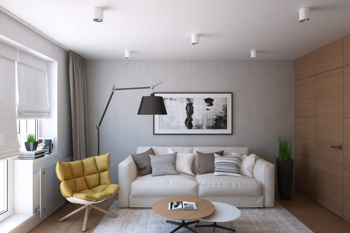 Wohnzimmergestaltung in einer 43 m² großen Einzimmerwohnung.