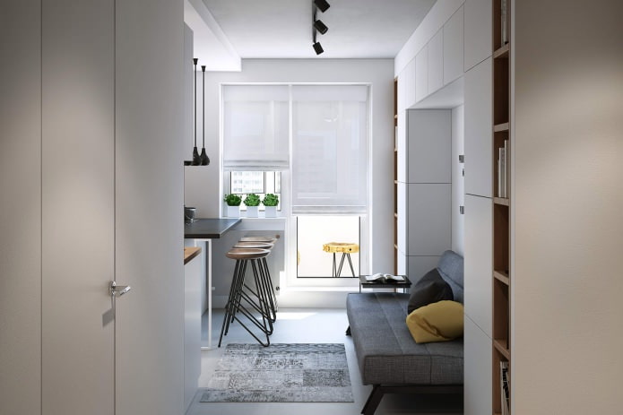 Entwurf einer Wohnküche in einer Einzimmerwohnung mit 43 m².