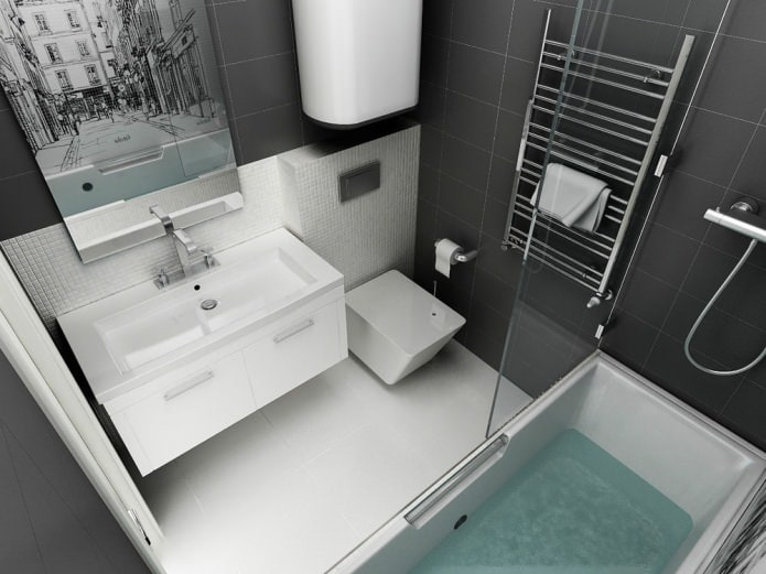 Badezimmergestaltung in einer 45 m² großen Einzimmerwohnung.