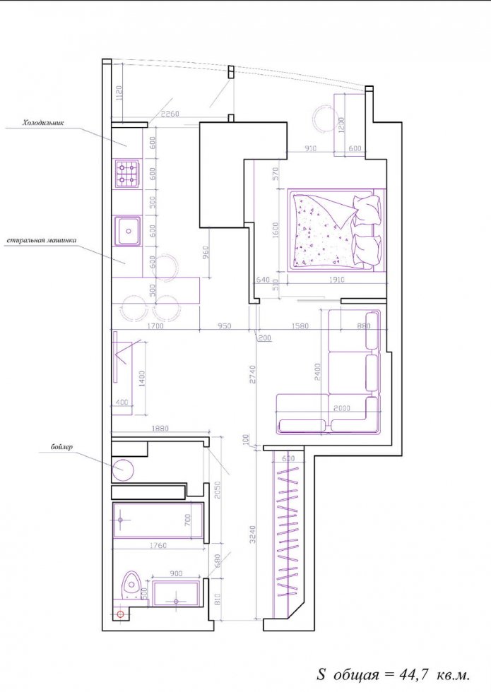 Grundriss einer Einzimmerwohnung mit 45 m².