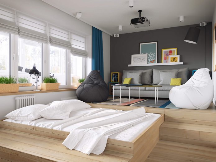 Wohnzimmer-Schlafzimmer im Design einer Einzimmerwohnung mit 37 m².