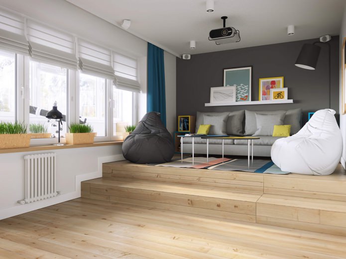 Wohnzimmer im Entwurf einer 37 m² großen Einzimmerwohnung.