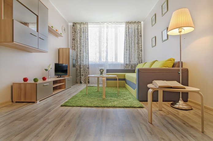 Wohnzimmer im Inneren einer 42 m² großen Einzimmerwohnung.