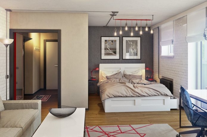 Farbzonierung im Inneren des Schlafzimmer-Wohnzimmers