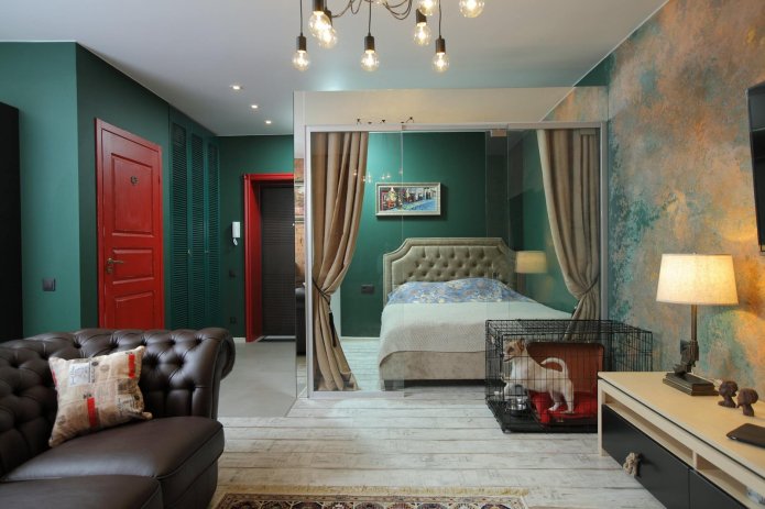 Schlafzimmer-Wohnzimmer-Interieur im Loft-Stil