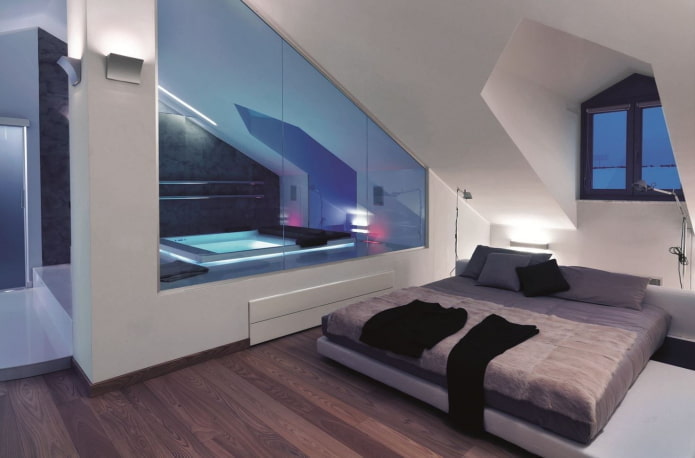 Dachgeschoss-Schlafzimmer-Interieur im Hightech-Stil