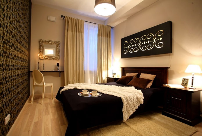 Schwarz-beiges Schlafzimmer-Interieur