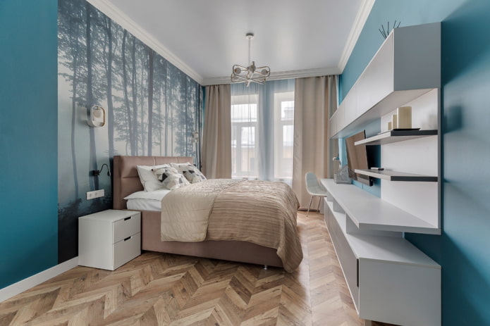 Beige- und Türkis-Schlafzimmer-Interieur