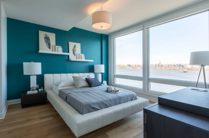 türkisfarbenes Schlafzimmer im minimalistischen Stil