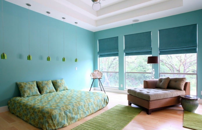 türkisfarbenes Schlafzimmer-Interieur