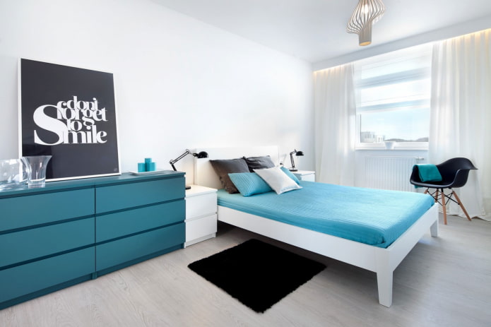 türkisfarbenes Schlafzimmer im minimalistischen Stil