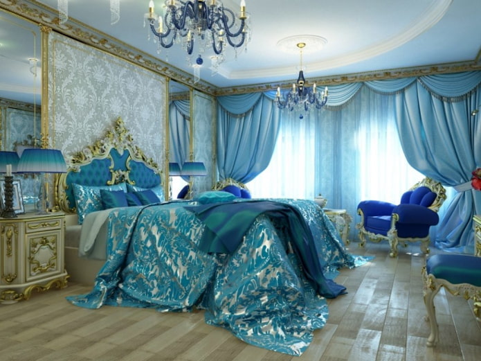 Schlafzimmerinterieur in Gold- und Blautönen