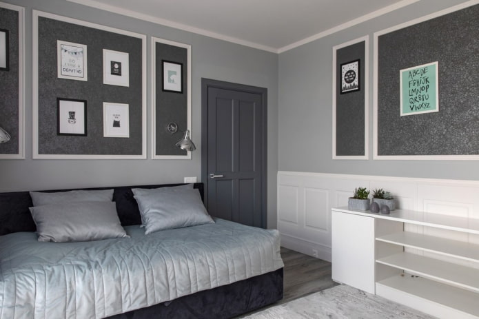 Grau-weißes Schlafzimmer-Interieur