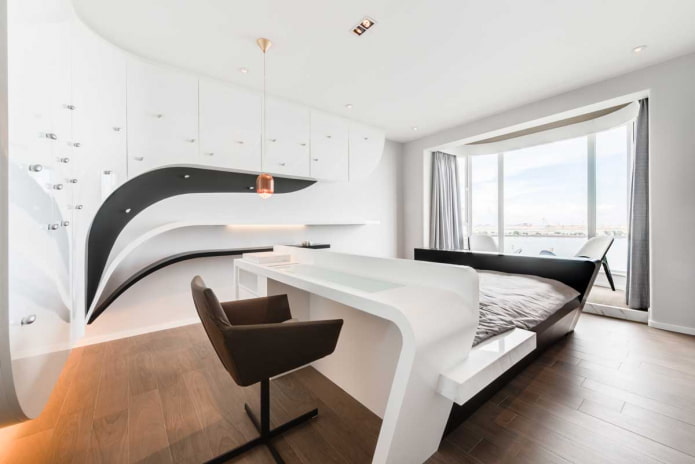 Möbel im Schlafzimmer-Interieur im High-Tech-Stil