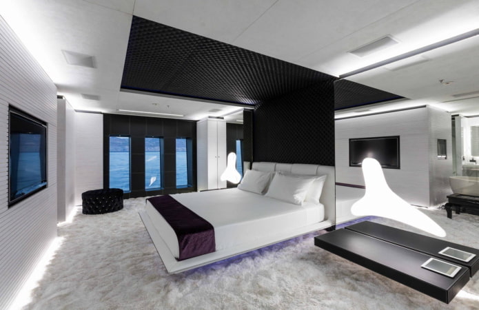 Textilien im Schlafzimmer-Interieur im Hightech-Stil