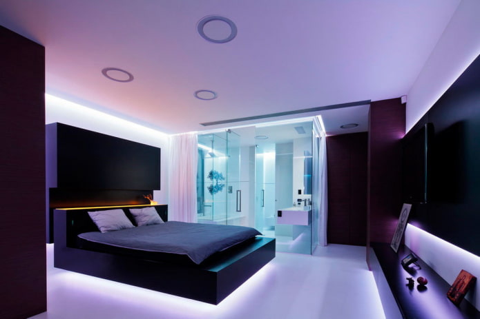 Möbel im Schlafzimmer-Interieur im High-Tech-Stil