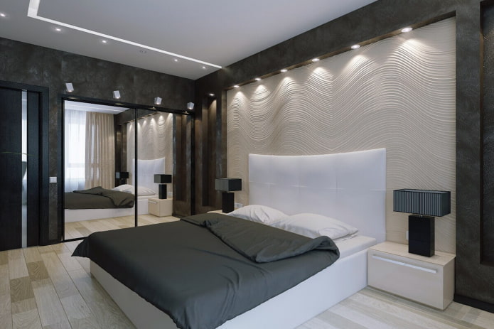 Beleuchtung im Schlafzimmerinterieur im High-Tech-Stil