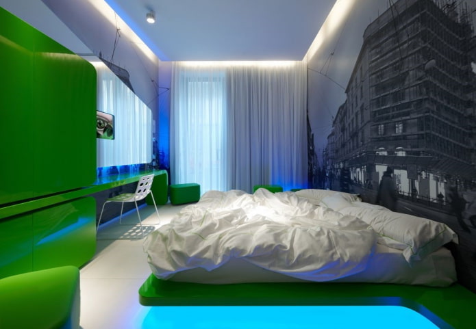 Möbel im Schlafzimmer-Interieur im High-Tech-Stil