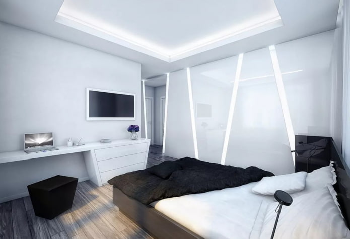 Beleuchtung im Schlafzimmer-Interieur im High-Tech-Stil