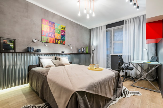 Textilien und Dekor im Schlafzimmer-Interieur im Industriestil
