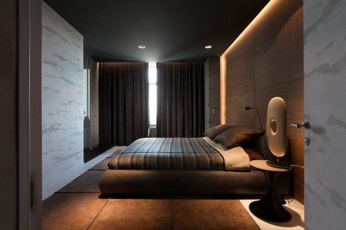 minimalistisches Schlafzimmer mit schwarzer Decke