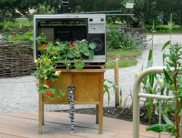 Blumenbeet aus einem alten Fernseher