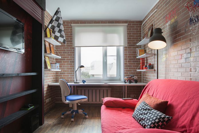 Loft-Stil Kinderzimmer-Interieur mit Ziegelwänden