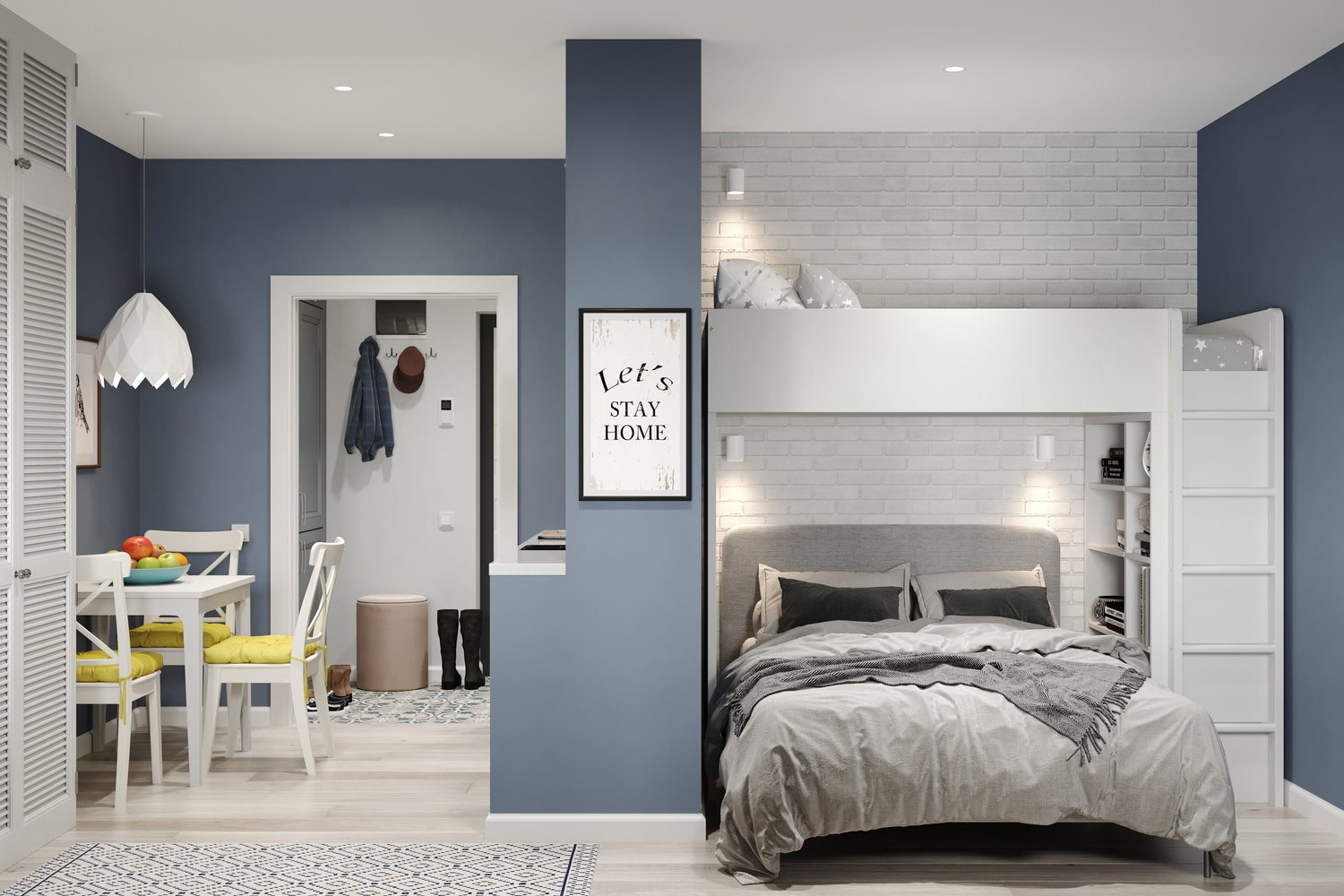 Innenansicht eines kleinen Studios von 29 m² für eine Familie mit einem Kind