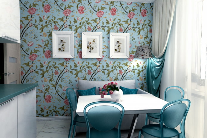blaue Wände im Kücheninterieur