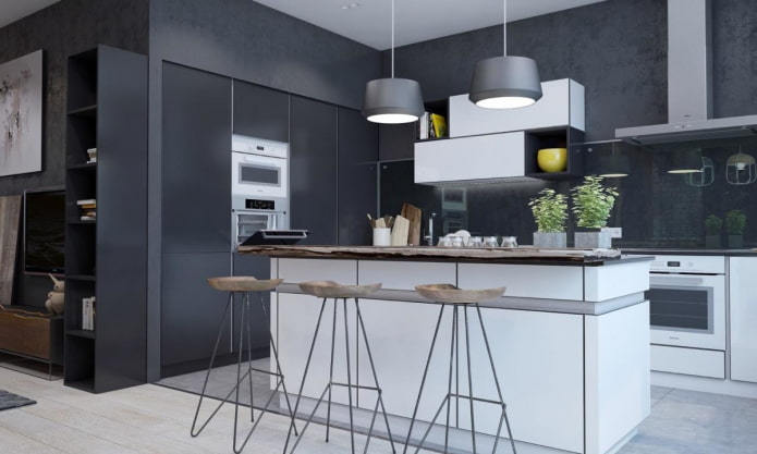 schwarze Wände im Kücheninterieur