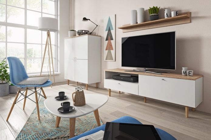 TV-Ständer im Interieur im skandinavischen Stil