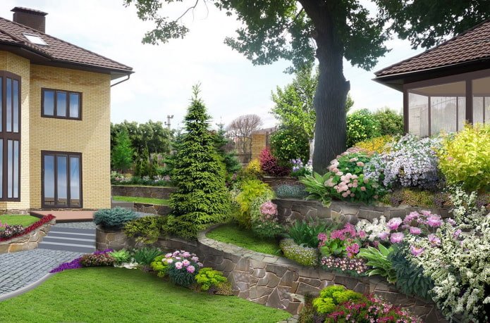 mehrstufiger Blumengarten in der Nähe eines Landhauses