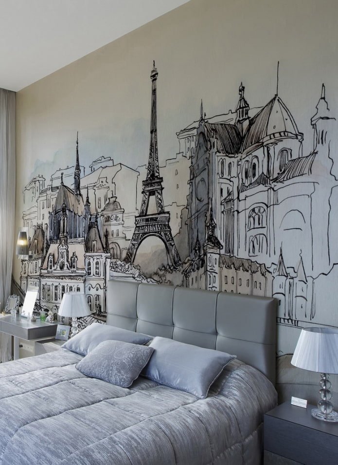 Wandmalerei mit Pariser Motiv im Schlafzimmer