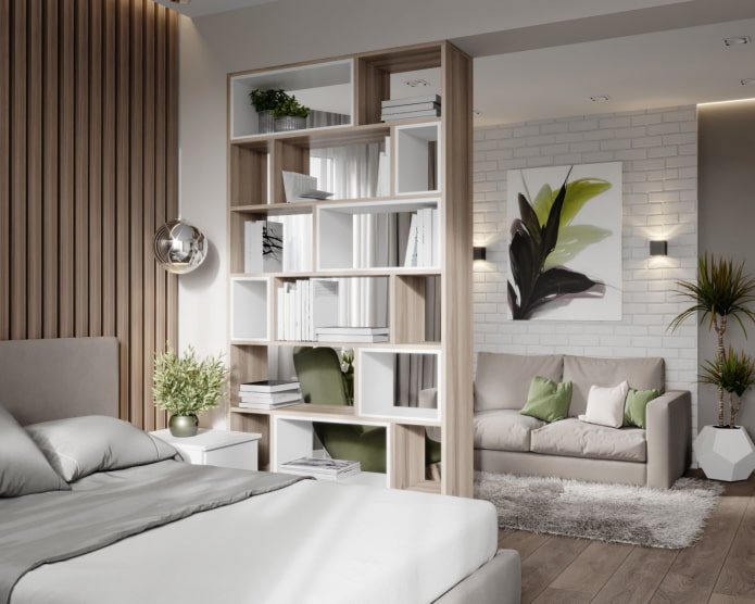 ein Regal-Raumteiler im Schlafzimmer