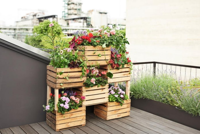 Blumenbeet aus Kästen mit Hängepflanzen