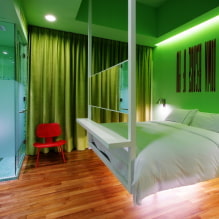 Grünes Schlafzimmer: Farbtöne, Kombinationen, Auswahl der Oberflächen, Möbel, Vorhänge, Beleuchtung-0
