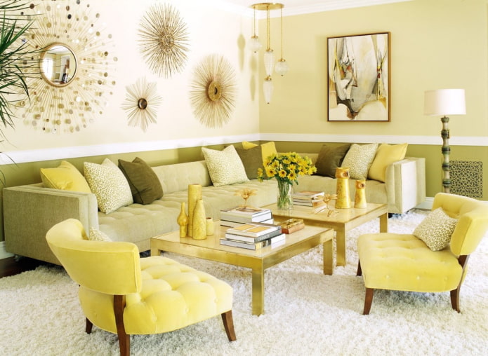 Wohnzimmer in Zitronenoliv Töne