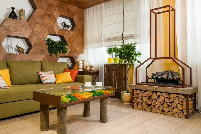 Wohnzimmer im Öko-Stil mit gelben und orangefarbenen Akzenten