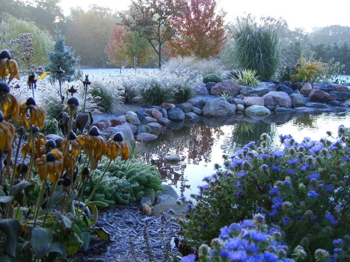 Garten mit Getreide und Teich