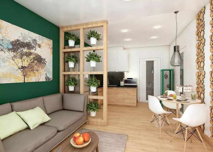 originelle Zoneneinteilung im Wohnküchen-Interieur